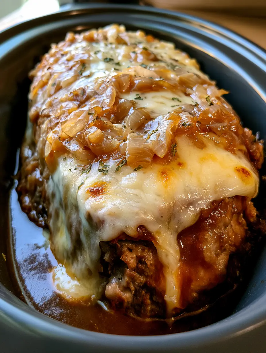 Close up photo of the seasoned ground beef loaf inside the ceramic slow cooker with dark brown onion gravy pooling at the bottom.