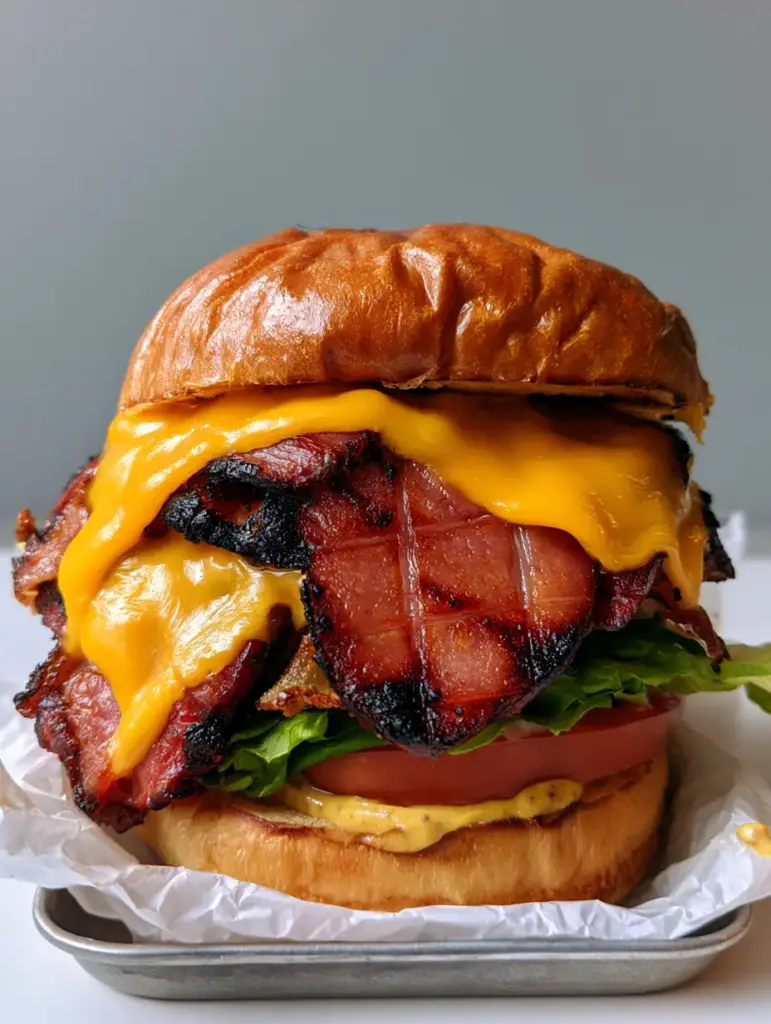A professional Fried Bologna Sandwich served on a metal tray with crumpled white wax paper.
