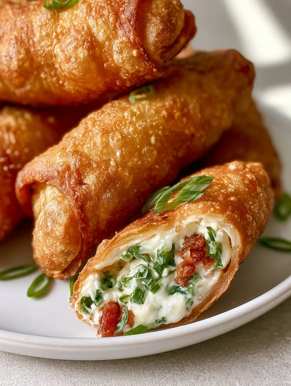 Handheld smartphone photo of a stack of golden brown deep-fried Jalapeño Popper Egg Rolls revealing a thick, gooey cream cheese and bacon filling.