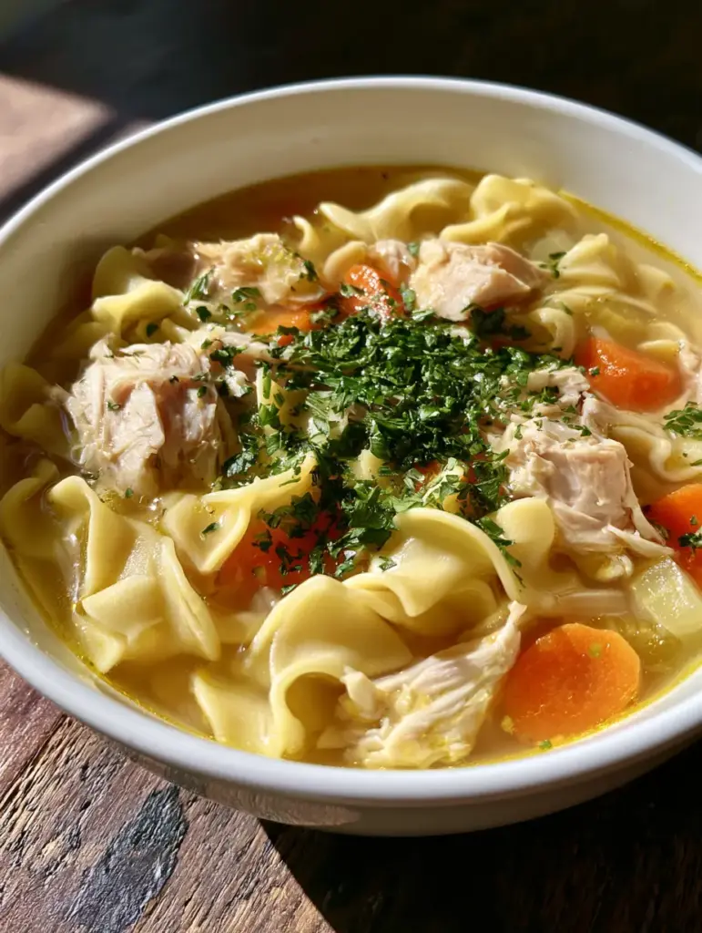 Spoonful of Homemade Chicken Noodle Soup with white meat chicken chunks and fresh parsley.