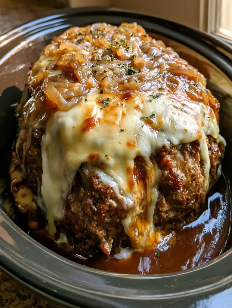 A handheld smartphone photo of a thick juicy meatloaf topped with a dense layer of caramelized onions and melted Swiss cheese.
