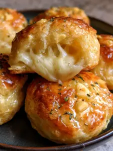 A close-up shot of golden-brown baked Cheesy Garlic Butter Biscuits glazed with parsley and garlic on a charcoal plate.