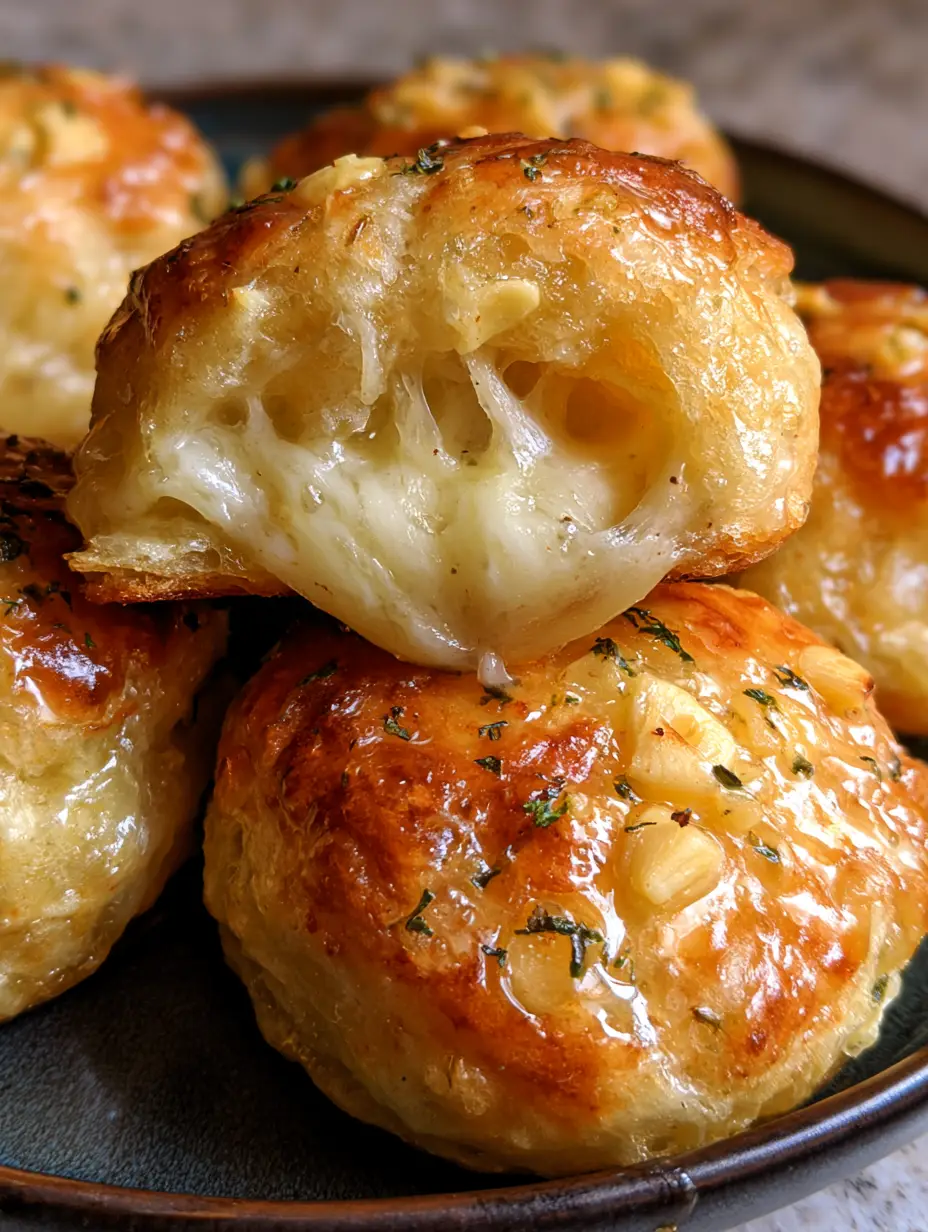 A close-up shot of golden-brown baked Cheesy Garlic Butter Biscuits glazed with parsley and garlic on a charcoal plate.