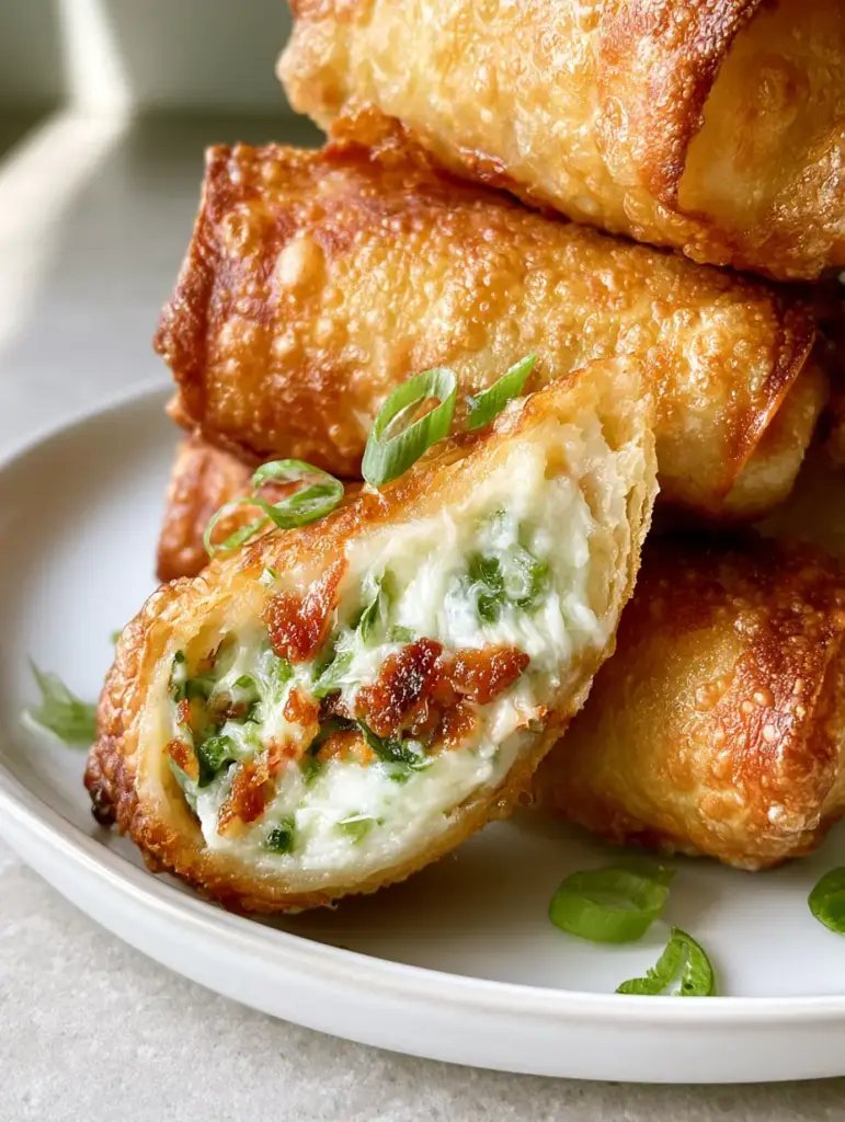 Close up of deep-fried egg rolls showing the oil-glistening bubbly wrapper and green scallion garnish.