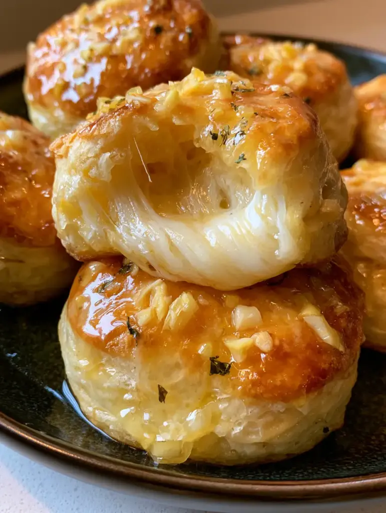 Overhead view of several Cheesy Garlic Butter Biscuits showing the flaky layers and bits of minced garlic.