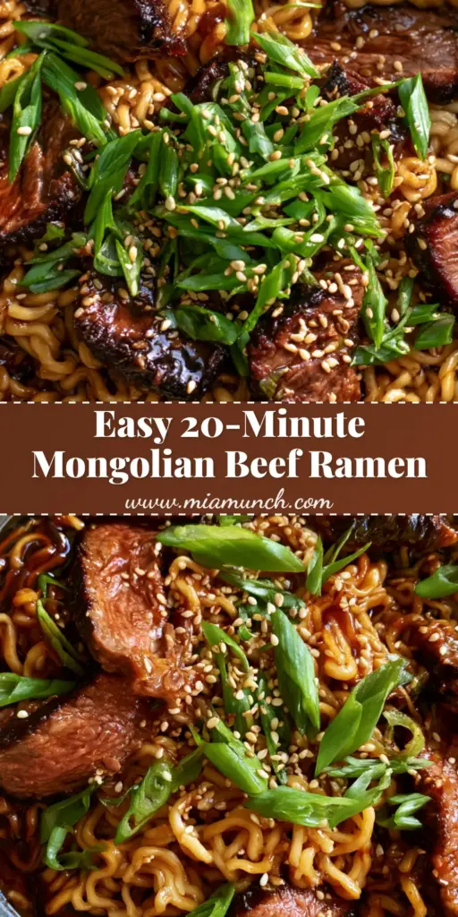 A close-up shot of Mongolian Beef Ramen Stir Fry in a dark bowl featuring seared steak, curly noodles, and green scallions.