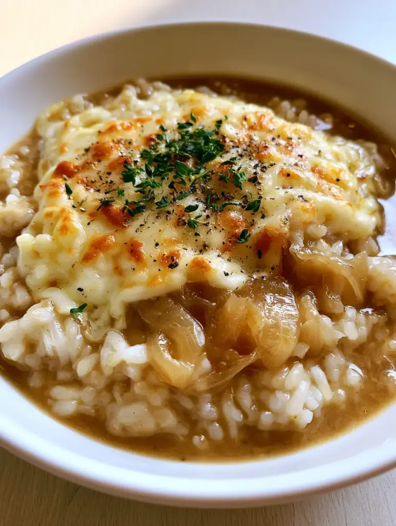 Overhead view of savory French Onion Soup Rice with fresh thyme garnish and melted mozzarella cheese.