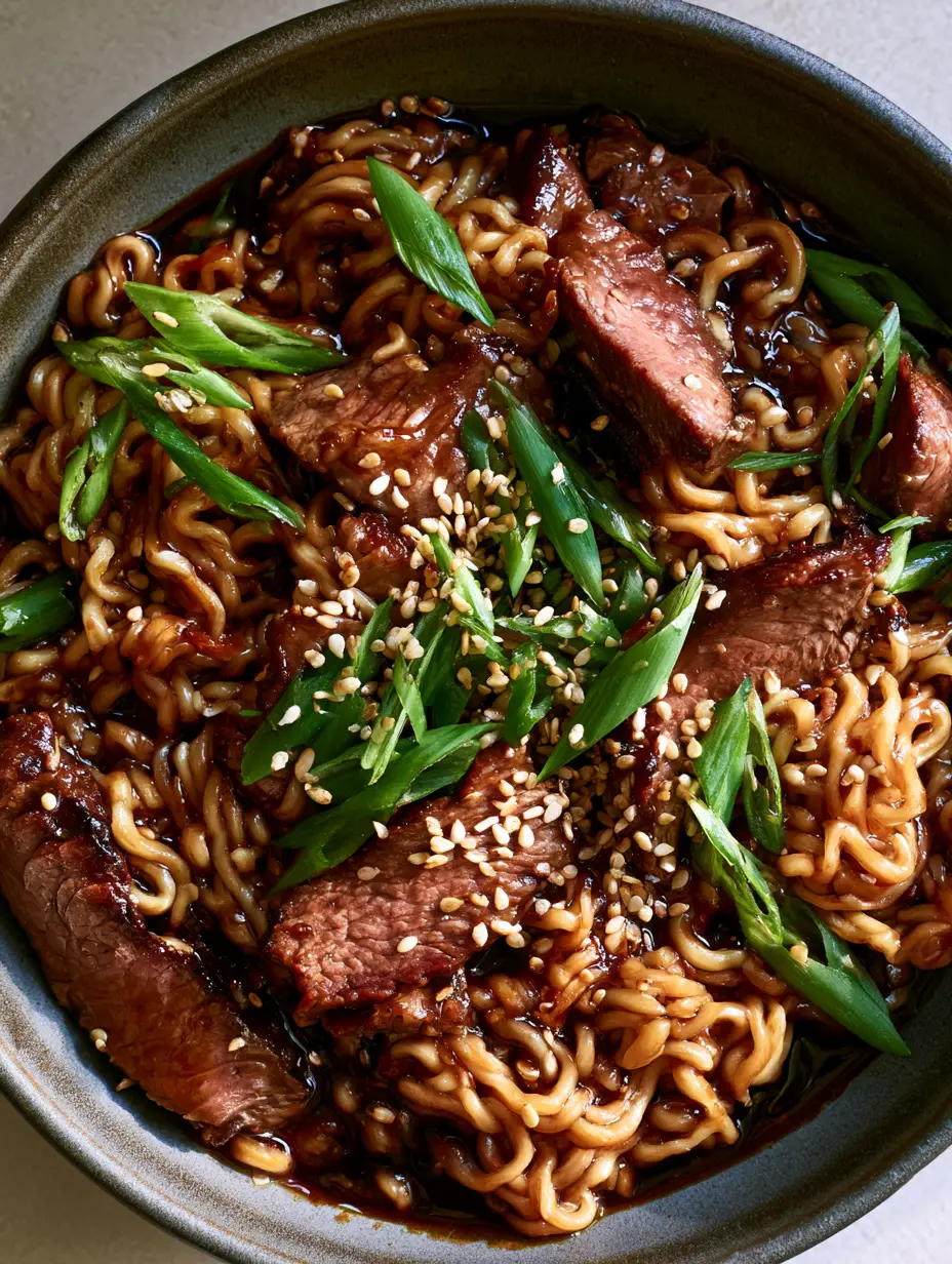 Top-down view of glossy Mongolian Beef Ramen Stir Fry with toasted sesame seeds and bias-cut green onions. (Mongolian Beef Ramen Stir Fry)