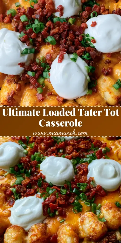 A close-up shot of a Loaded Tater Tot Casserole in a cast iron skillet, featuring crispy tots, melted cheddar, bacon, and three dollops of sour cream.