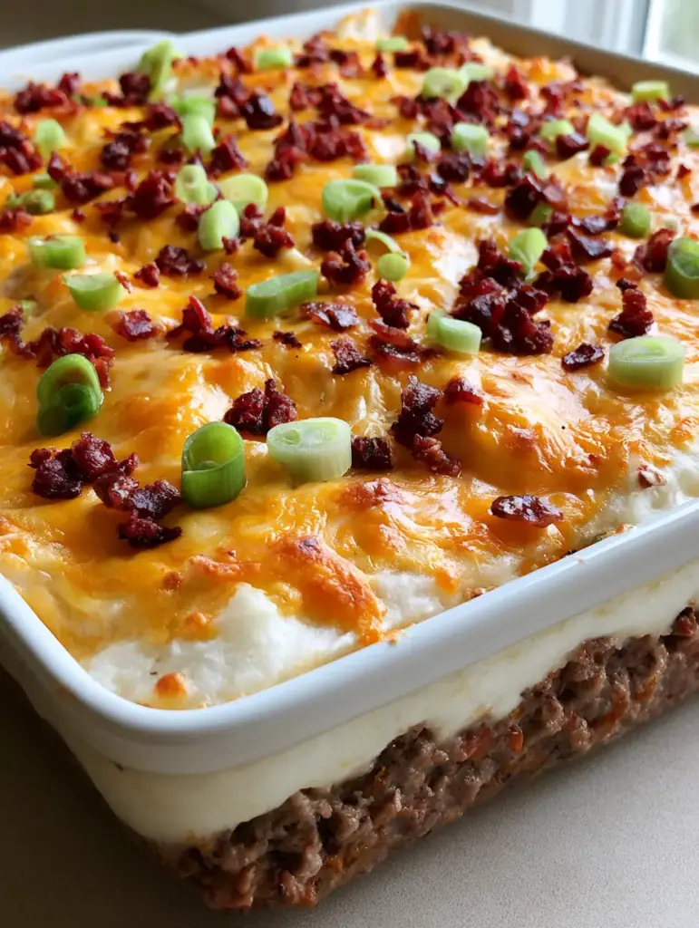 Loaded Meatloaf Casserole with Cheesy Mashed Potatoes 2 Close-up of a Loaded Meatloaf Casserole showing bubbling golden-yellow cheddar cheese and toasted orange spots.