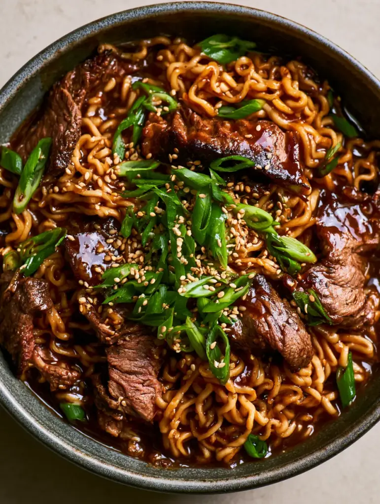 Close up of seared flank steak nestled in thick dark brown soy glaze and ramen noodles.