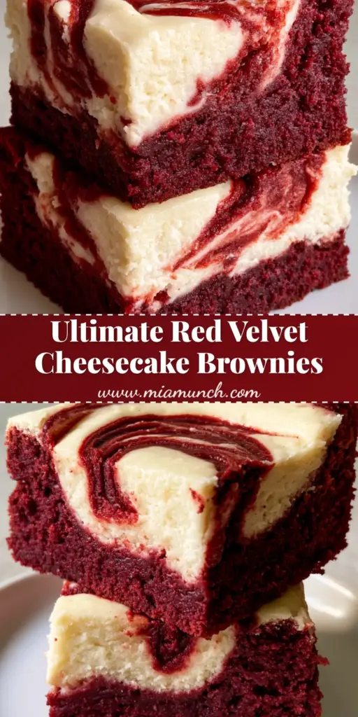 A close-up vertical stack of Red Velvet Cheesecake Brownies on a white plate showing the deep maroon base and marbled ivory swirl.