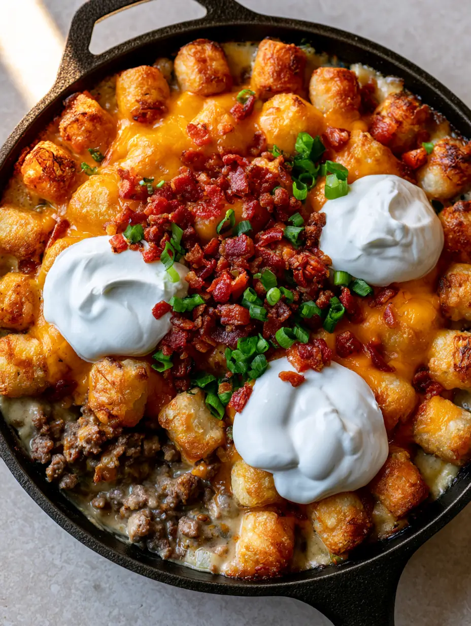 Top-down view of Loaded Tater Tot Casserole showing the dense layer of golden-brown tots and bubbly orange cheddar cheese.