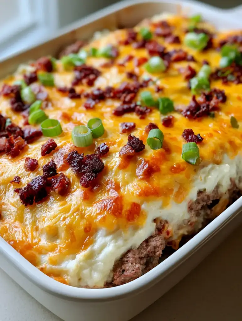 Loaded Meatloaf Casserole with Cheesy Mashed Potatoes 1 A slightly high-angle shot of the finished Loaded Meatloaf Casserole topped with crispy bacon and bright green scallions.