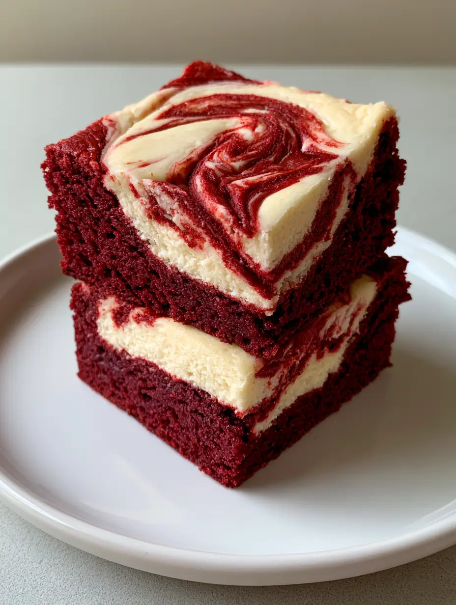 Close-up of a stack of square Red Velvet Cheesecake Brownies with a thick dense maroon base and ivory-white swirl.