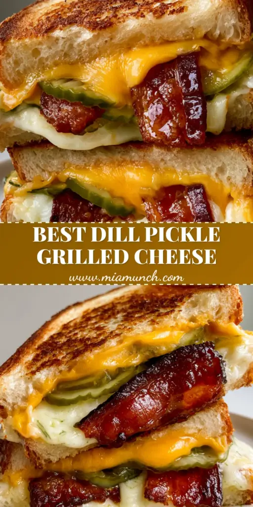 Dill Pickle Grilled Cheese with Crispy Bacon and Havarti 3 A close-up of a Dill Pickle Grilled Cheese sliced diagonally showing melted yellow cheddar, white havarti, green pickles, and crispy bacon.