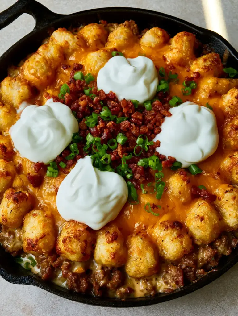 Close-up of the sour cream dollops and scallion garnish on a Loaded Tater Tot Casserole.