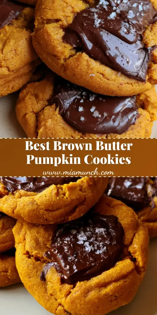 A stack of thick Brown Butter Pumpkin Chocolate Chip Cookies with melting dark chocolate pools and flaky sea salt on a ceramic plate.