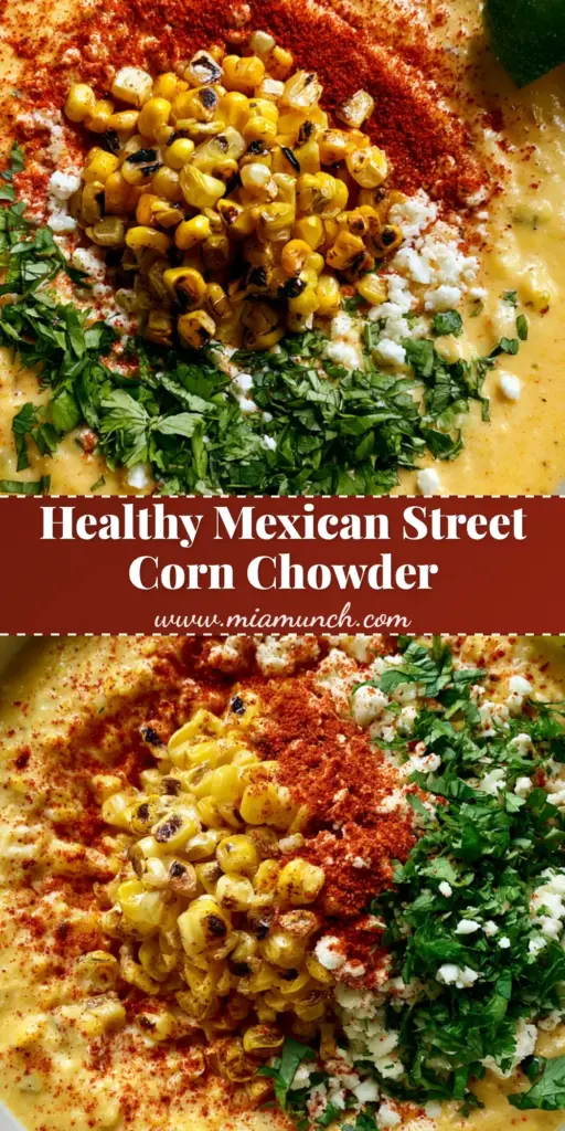 A vertical shot of Mexican Street Corn Chowder in a white bowl topped with charred kernels, cotija cheese, cilantro, and chili powder.