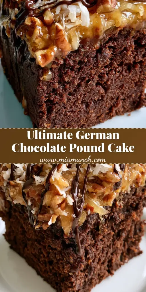 A tall slice of German Chocolate Pecan Pound Cake with golden coconut pecan frosting and a chocolate drizzle on a white plate.