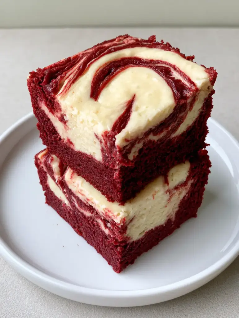 Overhead view of marbled Red Velvet Cheesecake Brownies showing the matte baked finish of the cheesecake layer.