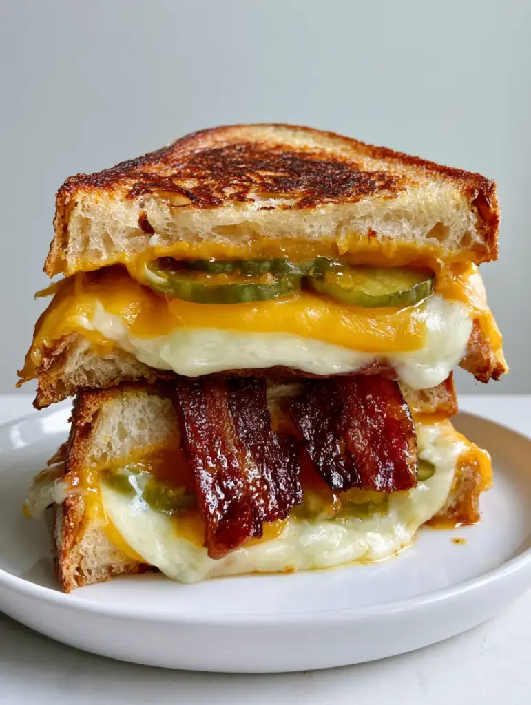 Dill Pickle Grilled Cheese with Crispy Bacon and Havarti 2 Smartphone photo of a Dill Pickle Grilled Cheese held in hand, showing golden-brown toasted sourdough and gooey cheese layers.
