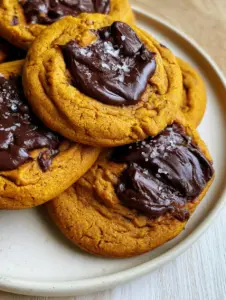 Close-up of soft-baked pumpkin cookie dough showing visible cracks and glistening dark chocolate chunks. (Brown Butter Pumpkin Chocolate Chip Cookies)