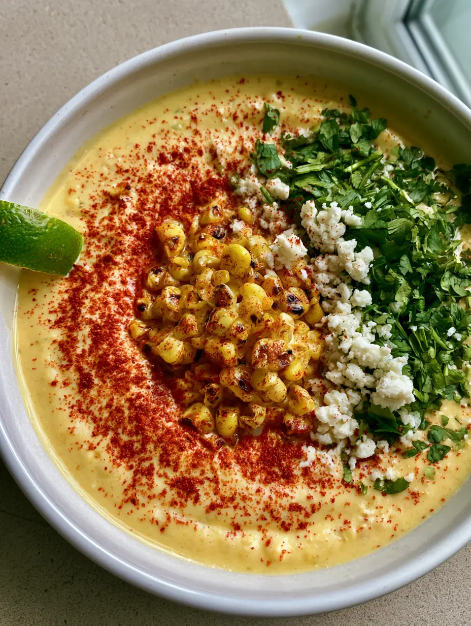 Top-down view of Mexican Street Corn Chowder with a creamy yellow base and bright red chili powder dusting.