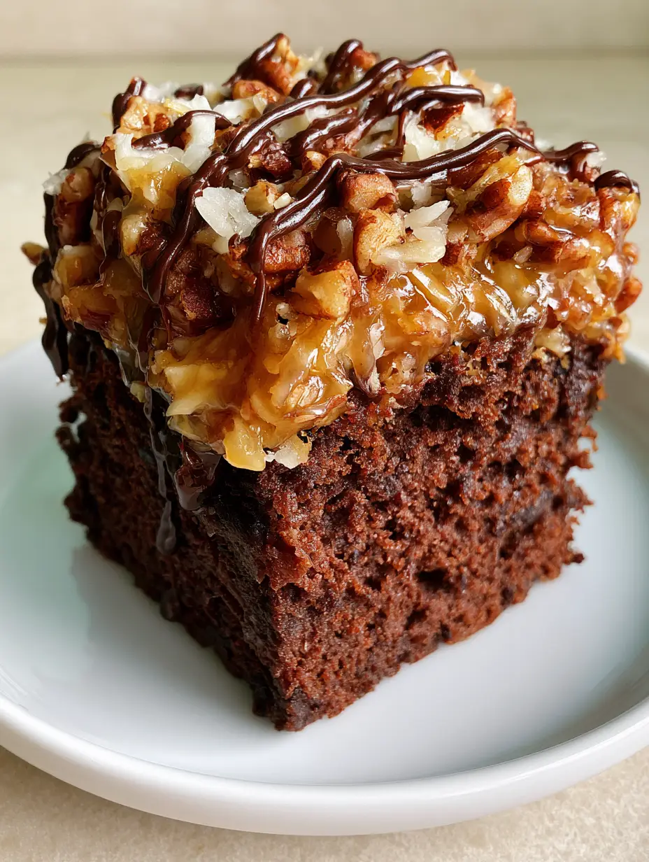 Close up of the dense dark chocolate pound cake texture and gooey golden-brown frosting. (German Chocolate Pecan Pound Cake)