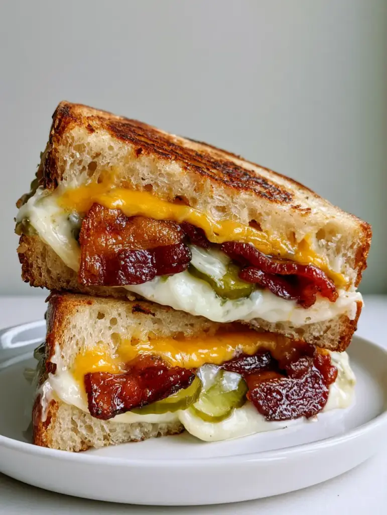 Dill Pickle Grilled Cheese with Crispy Bacon and Havarti 1 Close up of the inside of a Dill Pickle Grilled Cheese with visible green pickle slices and dark-red crispy bacon.