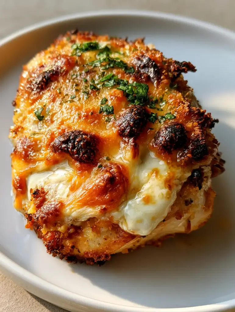 Handheld smartphone photo of a single portion of Parmesan crusted chicken showing bubbly charred spots.