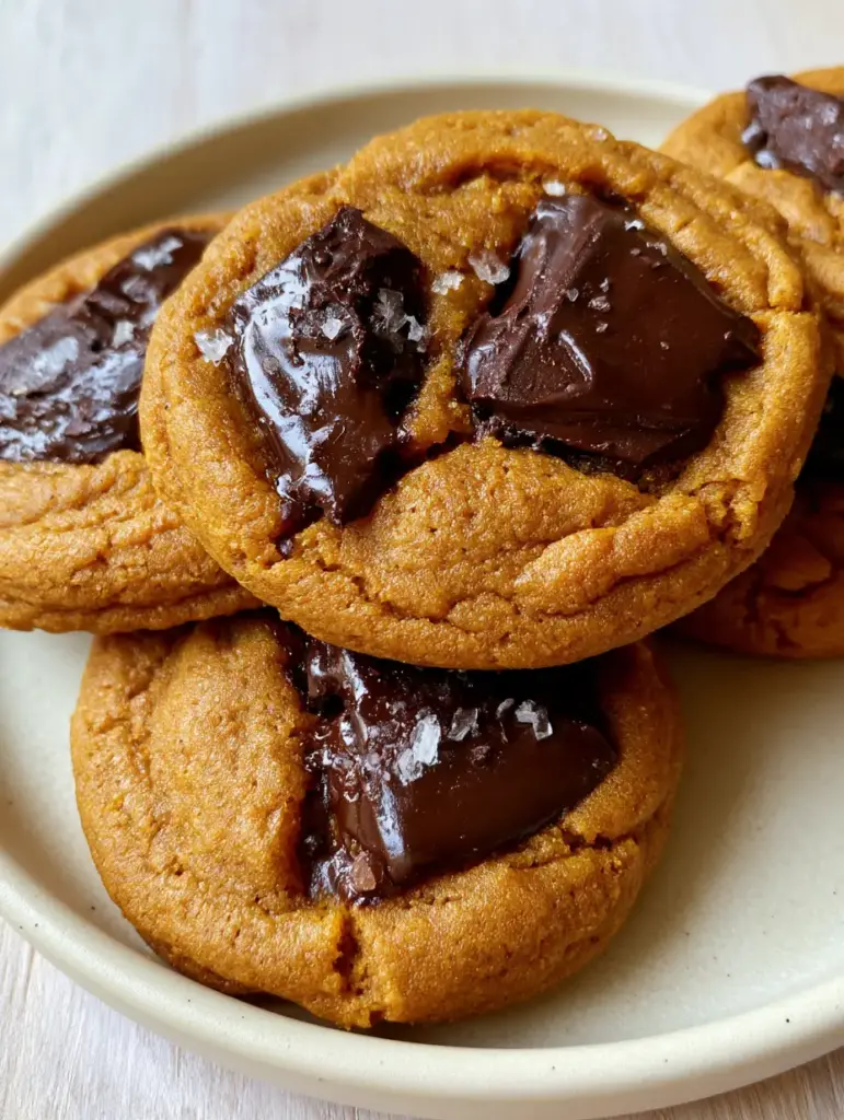 A stack of golden-orange pumpkin chocolate chip cookies topped with flaky sea salt on a wooden surface.