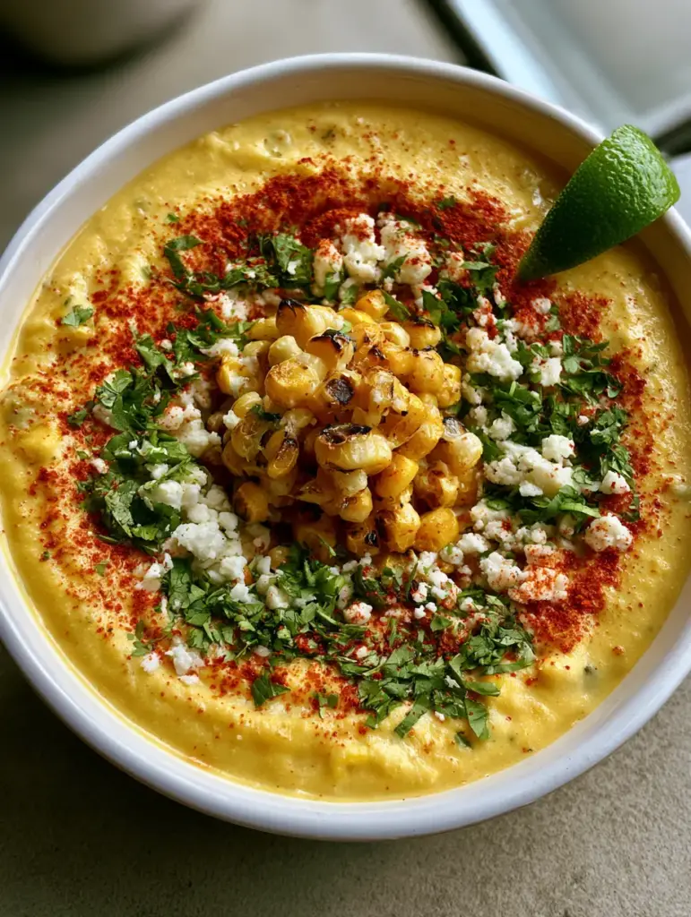 Close-up of charred corn kernels and cotija cheese on top of a yellow corn chowder.