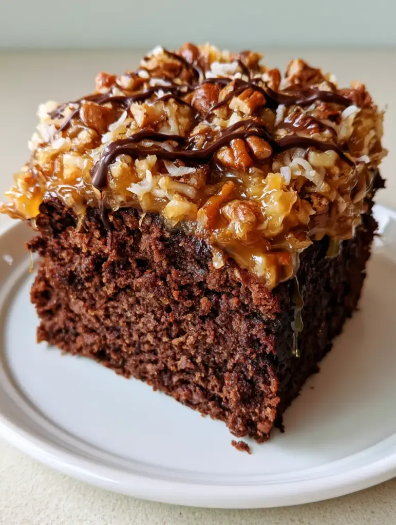 Vertical shot of German Chocolate Pecan Pound Cake with shredded coconut and toasted pecans.