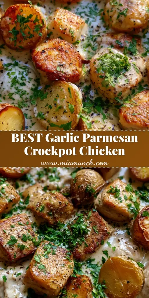 A rustic dark skillet filled with Garlic Parmesan Chicken and Potatoes, featuring golden seared chicken chunks and crispy baby potatoes in a thick creamy sauce topped with parsley and cracked black pepper.