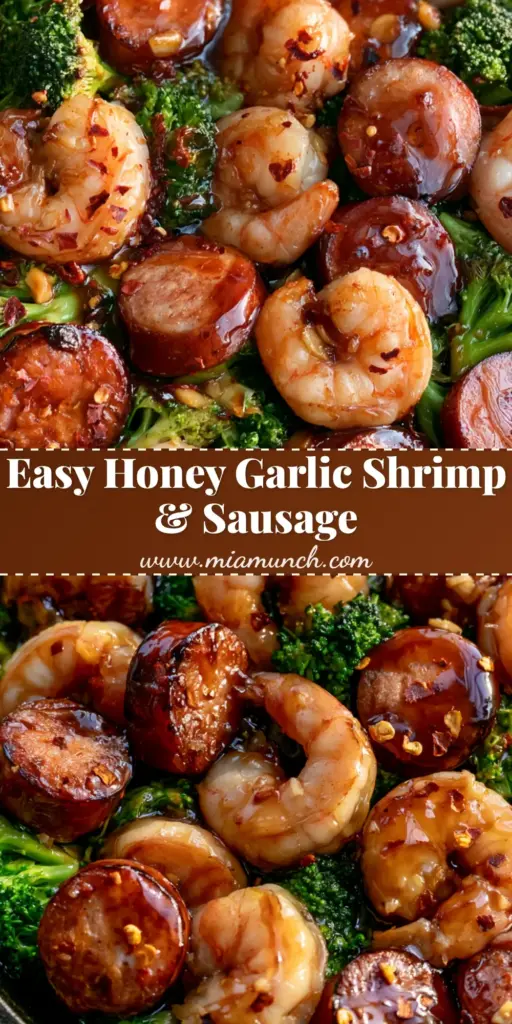 A top-down view of a cast iron skillet containing Honey Garlic Shrimp and Sausage with glossy amber sauce and green broccoli.