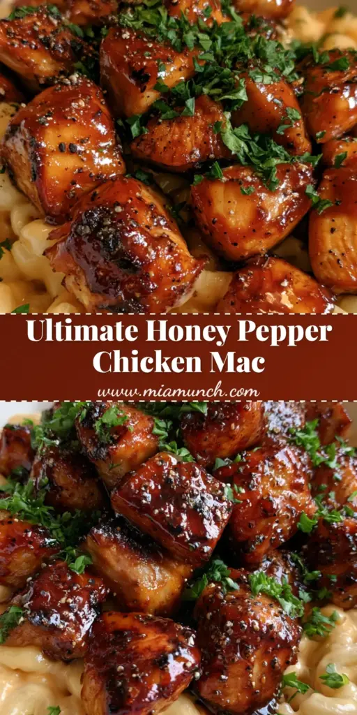 Honey Pepper Chicken Mac and Cheese: The Ultimate Comfort Food 4 A close-up overhead shot of Honey Pepper Chicken Mac and Cheese featuring creamy elbow macaroni and glossy dark honey-glazed chicken chunks.