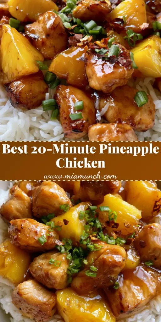 A top-down shot of Pineapple Chicken and Rice in a white bowl featuring seared golden chicken chunks and caramelized pineapple in an amber glaze over white rice.