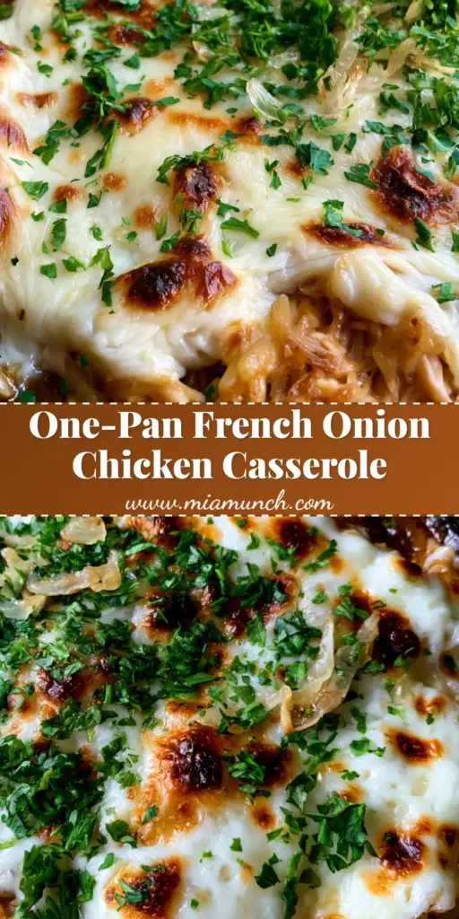 French Onion Chicken Orzo Casserole with Bubbly Gruyere 3 A close-up shot of French Onion Chicken Orzo Casserole in a black cast iron skillet featuring melted bubbly Gruyere cheese and fresh parsley. (French Onion Chicken Orzo Casserole)