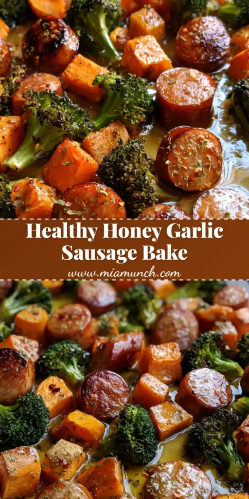 Honey Garlic Sausage Sheet Pan Dinner: The Ultimate 30-Minute Meal 4 A dark metal sheet pan filled with Honey Garlic Sausage Sheet Pan Dinner, featuring sliced browned Italian sausage, orange sweet potatoes, and charred broccoli coated in a glossy amber glaze on white parchment paper.