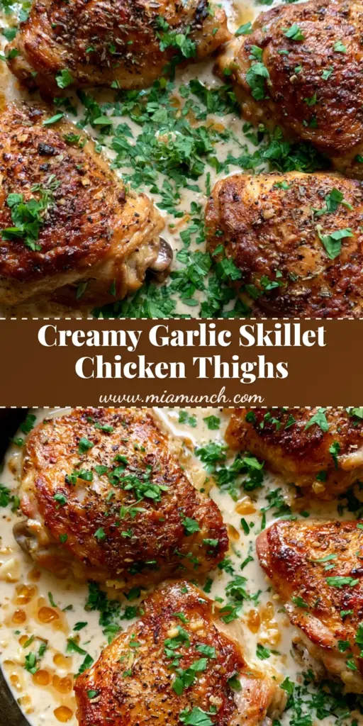 A black cast iron skillet featuring four crispy golden-brown Creamy Garlic Chicken Thighs in a thick ivory sauce with fresh parsley.