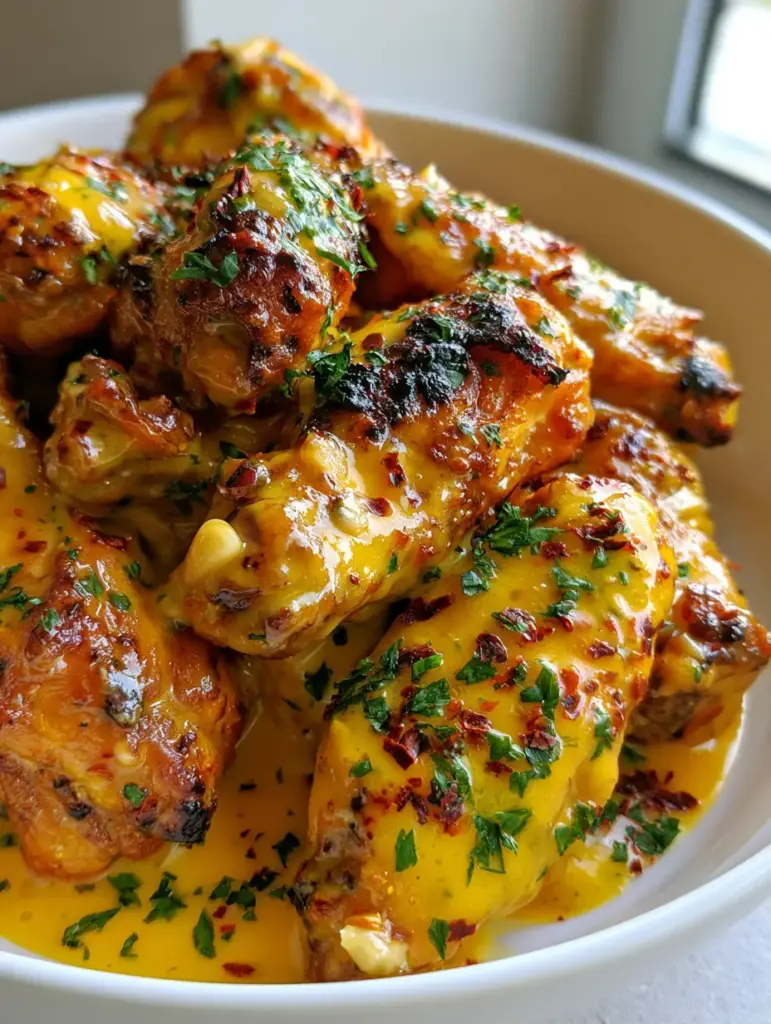 A bowl of Cowboy Butter Chicken Wings showing the sauce pooling at the bottom and generous herbs. (Cowboy Butter Chicken Wings)