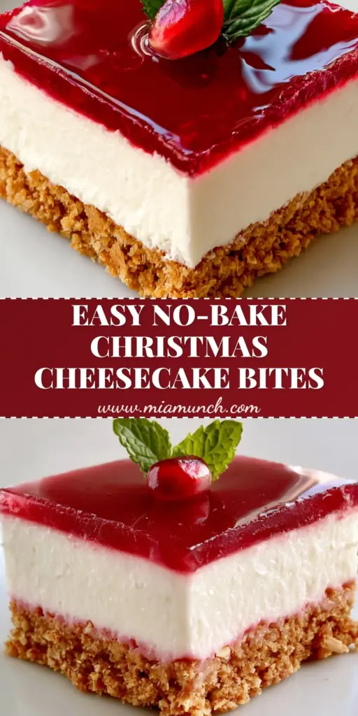A single No-Bake Christmas Cheesecake Bite on a white plate with a glossy red raspberry glaze and a mint and pomegranate holly sprig garnish.