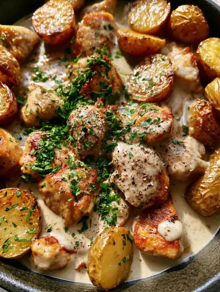 Close-up of Garlic Parmesan Chicken and Potatoes showing the texture of seared chicken breast chunks and crispy halved baby potatoes in an off-white garlic sauce.