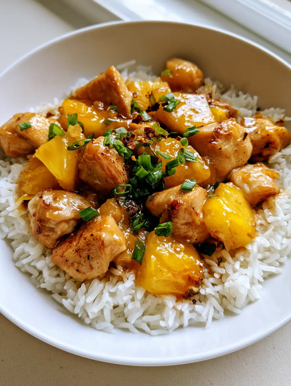 Close-up of seared chicken breast and bright yellow caramelized pineapple coated in a glossy amber savory sauce. (Pineapple Chicken and Rice)