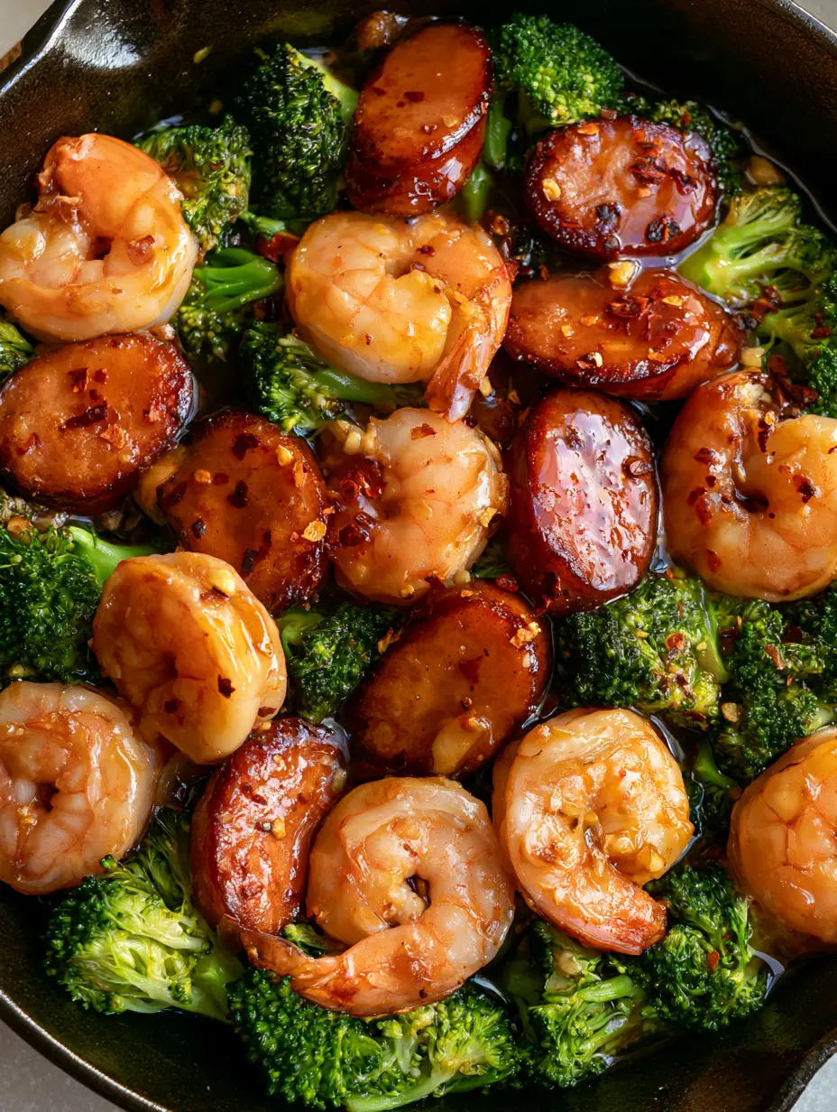 Close up of succulent pink shrimp and caramelized sausage in a Honey Garlic Shrimp and Sausage stir fry.