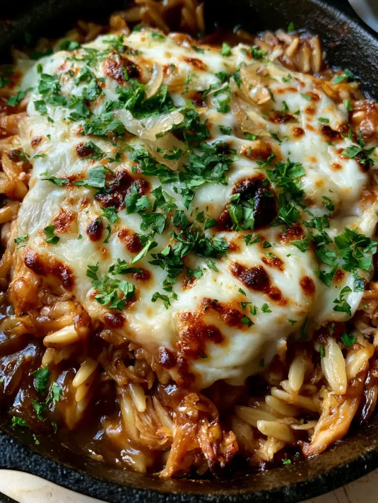 French Onion Chicken Orzo Casserole with Bubbly Gruyere 2 Top-down view of creamy orzo and rotisserie chicken in a savory onion gravy. (French Onion Chicken Orzo Casserole)