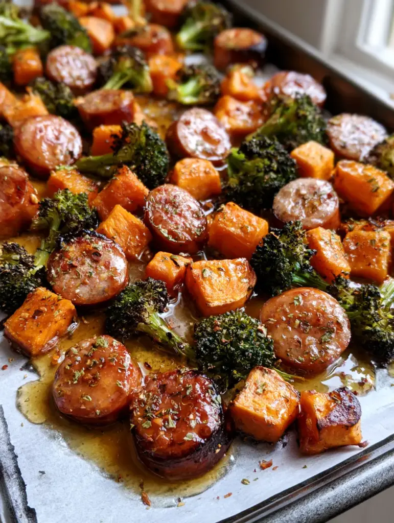 Honey Garlic Sausage Sheet Pan Dinner: The Ultimate 30-Minute Meal 2 Handheld photo of a Honey Garlic Sausage Sheet Pan Dinner on a dark metal tray with white parchment paper, showing crispy sausage edges and charred broccoli florets.