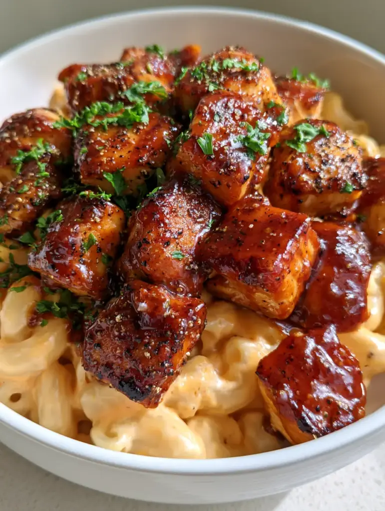 Honey Pepper Chicken Mac and Cheese: The Ultimate Comfort Food 2 Handheld photo of a bowl of Honey Pepper Chicken Mac and Cheese with visible charred chicken edges and coarse cracked pepper.