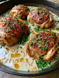 Close up of seared chicken skin with visible black pepper specks in a bubbling garlic cream sauce. (Creamy Garlic Chicken Thighs)